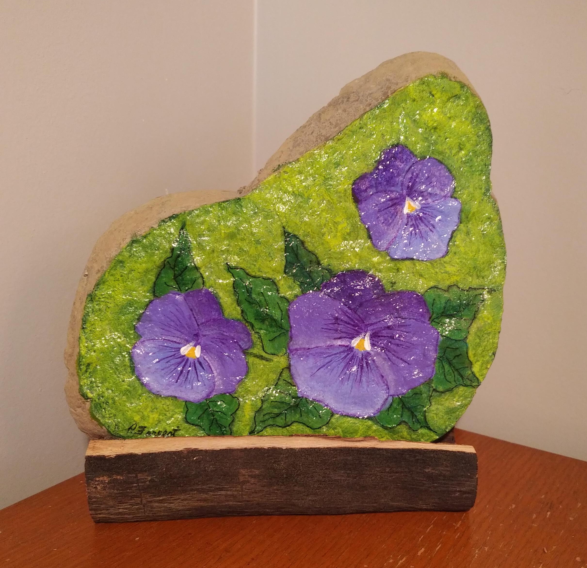 Purple Pansies on Green Rock – SOLD