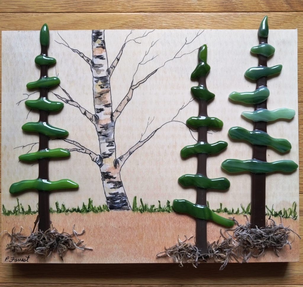 Glass Pine Trees on Watercoloured Birch Panel - SOLD - Artful Creations